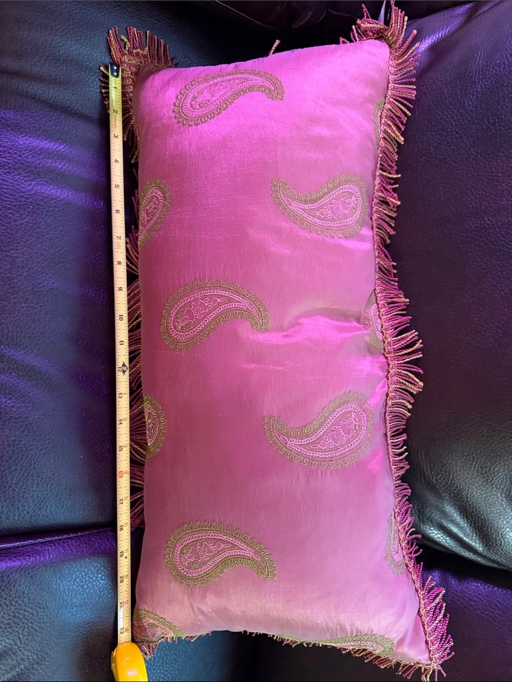 Fuchsia Paisley silk Fringe Accent Pillow - Decorative Throw 22by 12.